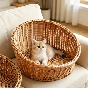 Detailed view of the woven rattan pet bed showcasing texture and cozy design for cats.