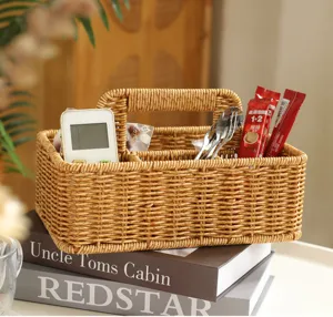 Hand-woven imitation rattan storage basket with handle and compartments for home organization.