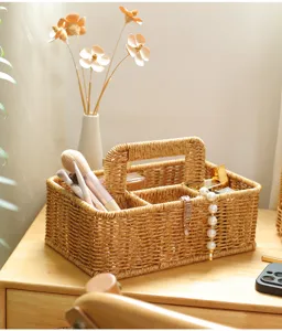 Woven makeup organizer basket with compartments for desktop storage and dressing table.
