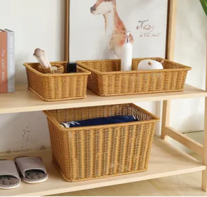 Hand-woven imitation rattan storage basket for home organization, desktop and bathroom use.