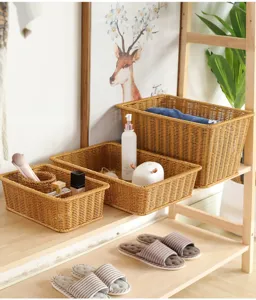Detailed view of hand-woven imitation rattan storage basket on wooden shelf for home organization.