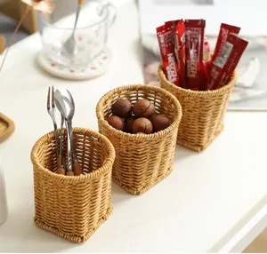 Imitation rattan woven storage basket desktop stationery cutlery makeup brush organizer bin
