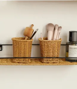 Imitation rattan woven desktop storage basket pen holder and organizer shelf unit