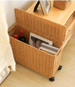 Rattan Aufbewahrungskorb mit Deckel und Rollen, schmaler fahrbarer Ordnungskorb fur das Zuhause.
