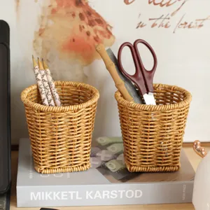 Rattan Imitation Plastic Pen Holder Desktop Stationery Storage Basket Makeup Brush Organizer Box Desk Decor