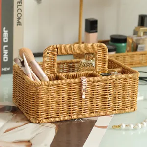 Handmade imitation rattan storage basket with compartments for desktop organizer and makeup brushes.
