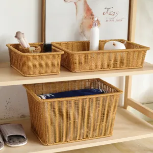 Hand Woven Imitation Rattan Storage Basket Plastic Storage Box Desktop Snack Fruit Basket Bathroom Sundries Organizer Bin