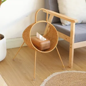 Creative wicker storage rack magazine basket living room side stand wooden tissue box