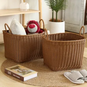 Imitation Rattan Laundry Basket Plastic Woven Dirty Clothes Storage Basket With Dual Handles For Bathroom Bedroom Household Storage
