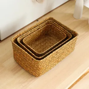 Natural Woven Grass Storage Basket Rectangular Desktop Sundries Organizer Handcrafted Storage Bin For Home Cosmetic Snack