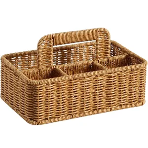 Woven storage basket with handle, multi-compartment desktop organizer for kitchen and makeup.