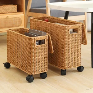 Imitat Rattan Spalte Aufbewahrungsbox Mit Deckel Und Rädern Schmaler Korb Für Wohnzimmer Badezimmer Und Schlafzimmer Organizer