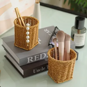 Faux rattan woven pen holder desktop stationery storage basket makeup brush organizer