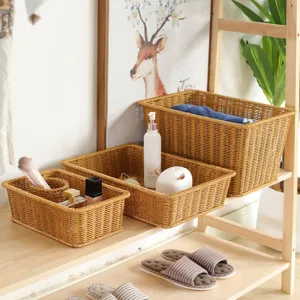 Woven imitation rattan storage basket desktop organizer bin for bathroom kitchen snack home tidy.