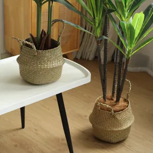 Nordic straw woven storage basket, seagrass flower pot holder and home decor organizer.