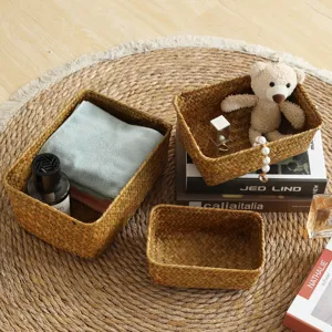Woven storage basket rectangular straw organizer for desktop sundries, cosmetics and snacks.