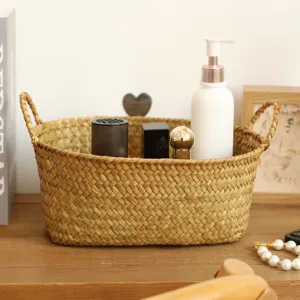 Panier de rangement en jonc de mer tressé organisateur de bureau avec poignées déco