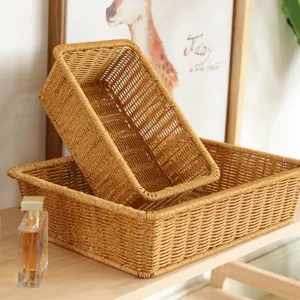 Simulated rattan storage basket rectangular woven desktop organizer for home and office
