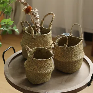 Nordic natural straw woven storage basket, perfect for plants, home decor, and desktop organizing.