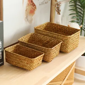 Rectangle straw woven storage basket set for desktop snack sundries and cosmetics organization