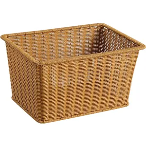 Brown imitation rattan storage basket, rectangular woven desktop organizer box for home.