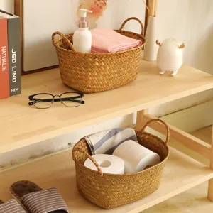 Panier de rangement en paille tressée avec poignées organisateur de bureau pour serviettes maison