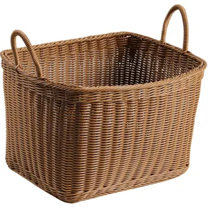 Brown synthetic rattan storage basket with dual handles for home laundry and toys organizer