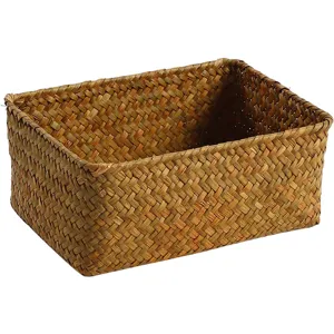 Woven storage basket for desktop snack sundries organizer household straw rectangle box