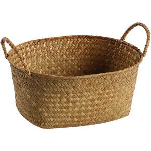 Panier de rangement en jonc de mer naturel tressé avec poignées pour organiser le bureau et maison.