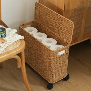 Rattan Rollwagen mit Deckel schmaler Nischenwagen Organizer fuer Bad Wohnzimmer braun