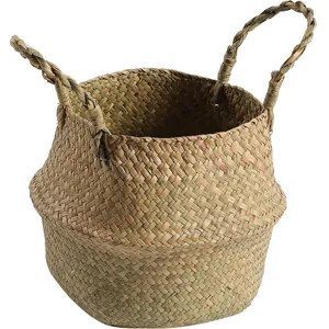 Natural seagrass belly basket, woven plant pot cover, storage organizer bin for home decor.