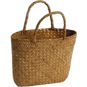 Handmade natural straw woven handbag eco friendly gift packaging basket daily tote bag