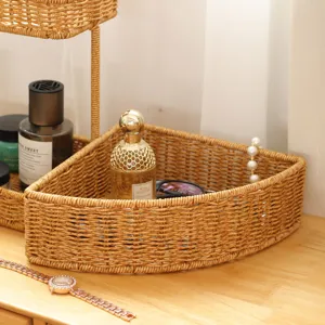 Woven rattan fan-shaped storage basket for desktop, coffee table, and bathroom organization