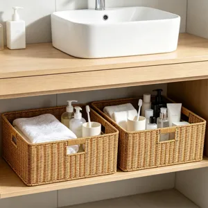 Huishouden Imitatie Rattan Kunststof Opbergmand Badkamer Kast Diverse Organizer Doos Met Handgrepen