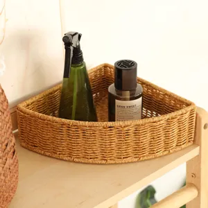 Rattan corner storage basket desktop organizer for living room, bathroom, and kitchen use.