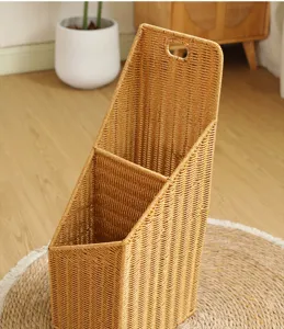 Detailed view of imitation rattan yoga mat storage basket, multi-compartment organizer for home.