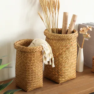 Round Woven Storage Basket Natural Straw Plant Pot Cover Minimalist Laundry Basket Desktop Sundries Organizer Home Decor