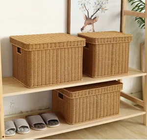 Rattan imitation document storage box with lid, perfect for office files and A4 paper.