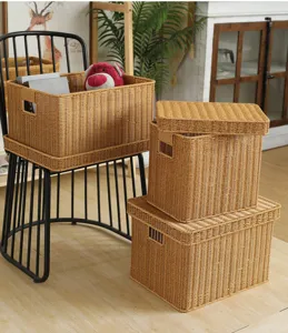 Imitation rattan storage box with lid, durable woven file and document organizer for office use.