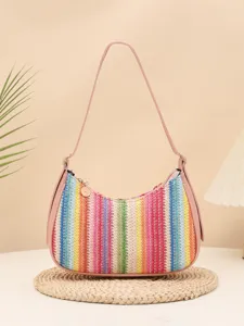 Sac à Épaule en Paille Tissée pour Femmes Sac Dumpling Rayé Arc-en-Ciel Mode Sac Sous le Bras Motif Damiers