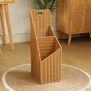 Wicker style yoga mat storage basket vertical home organizer and umbrella holder rack main view.