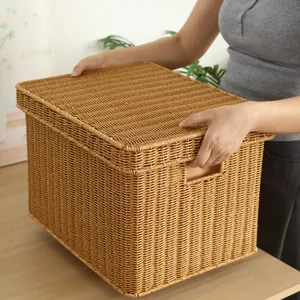 Woven imitation rattan storage box with lid for office files and A4 paper organization