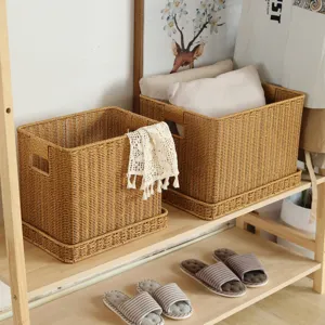 Rattan style storage box wicker basket office file organizer with handles for home organization