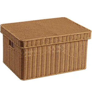 Woven storage box with lid for office file A4 paper and document organization desktop.