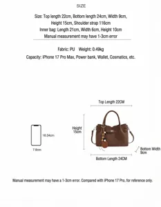 Detailed handbag size chart showing exact dimensions, strap length and storage capacity.