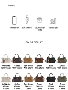 Detailed product view displaying multiple handbag color options and daily carrying capacity.