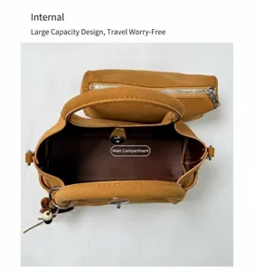 Detailed top view of brown leather tote bag interior, showing spacious main compartment.