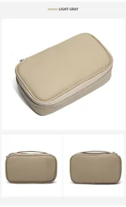 Detail shot of the light gray leather cosmetic bag showing texture and multi-angle views.