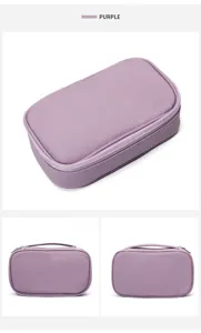 Portable purple leather cosmetic bag with top handle and secure zipper closure for travel.