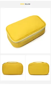 Detailed view of yellow leather cosmetic bag, featuring durable zipper and convenient top handle.